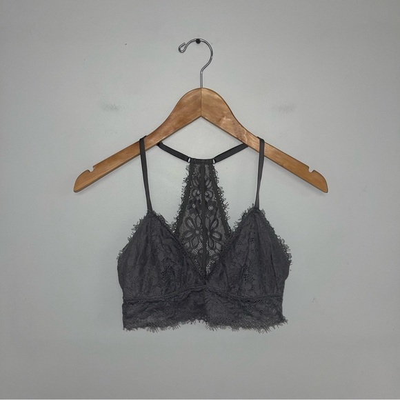 Aerie Bralette Women's Size Small Grey Lace Mesh V-Neck Racerback Bra Crop Top - Picture 2 of 5
